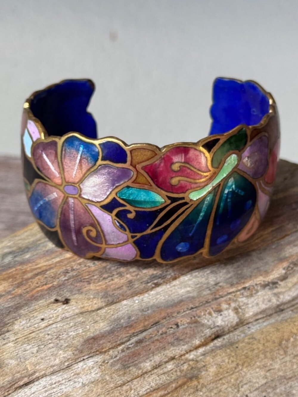 David Kuo Champleve Cuff Bracelet Floral Enamel Gold Tone 6” 1.25”  Gap